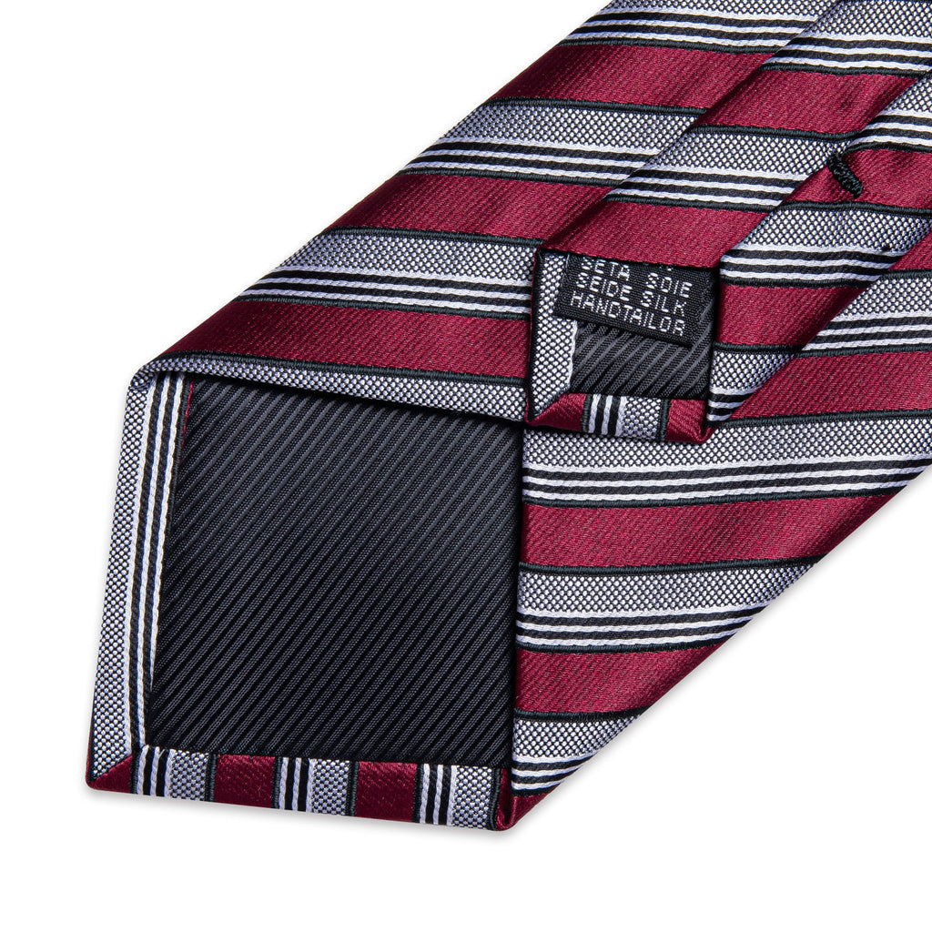 Burgundy & Silver Striped Silk Tie with Black Accents Silk Tie Set - GentCrest - View 5