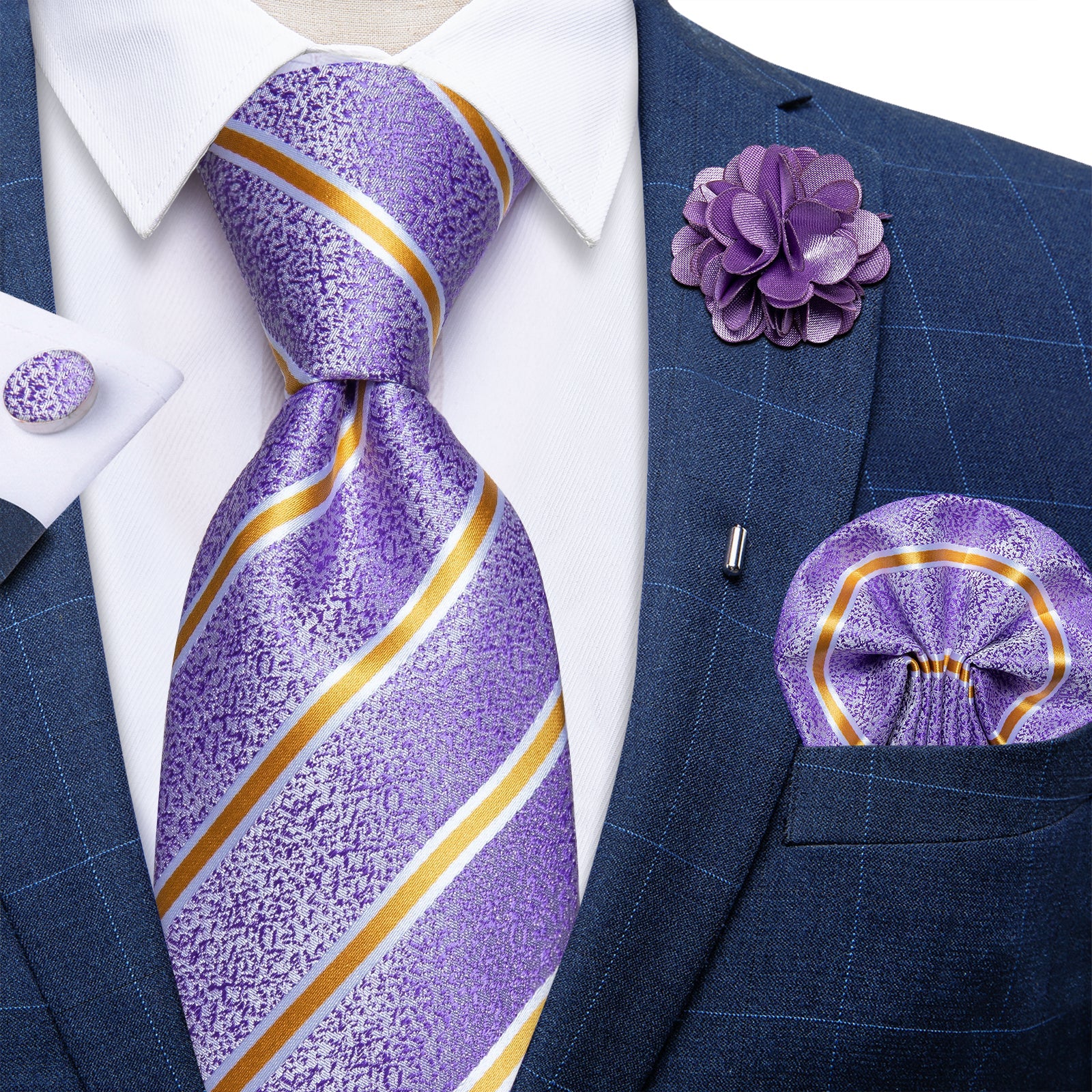 GentCrest Purple Striped Tie with Lapel Pin - Image 2