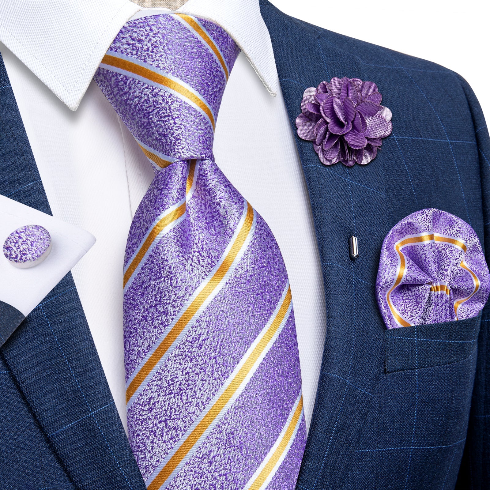 GentCrest Purple Striped Tie with Lapel Pin - Image 1