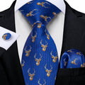 Blue and Brown Deers Tie, Pocket Square, Cufflinks and Tie Clip Silk Tie Set - GentCrest