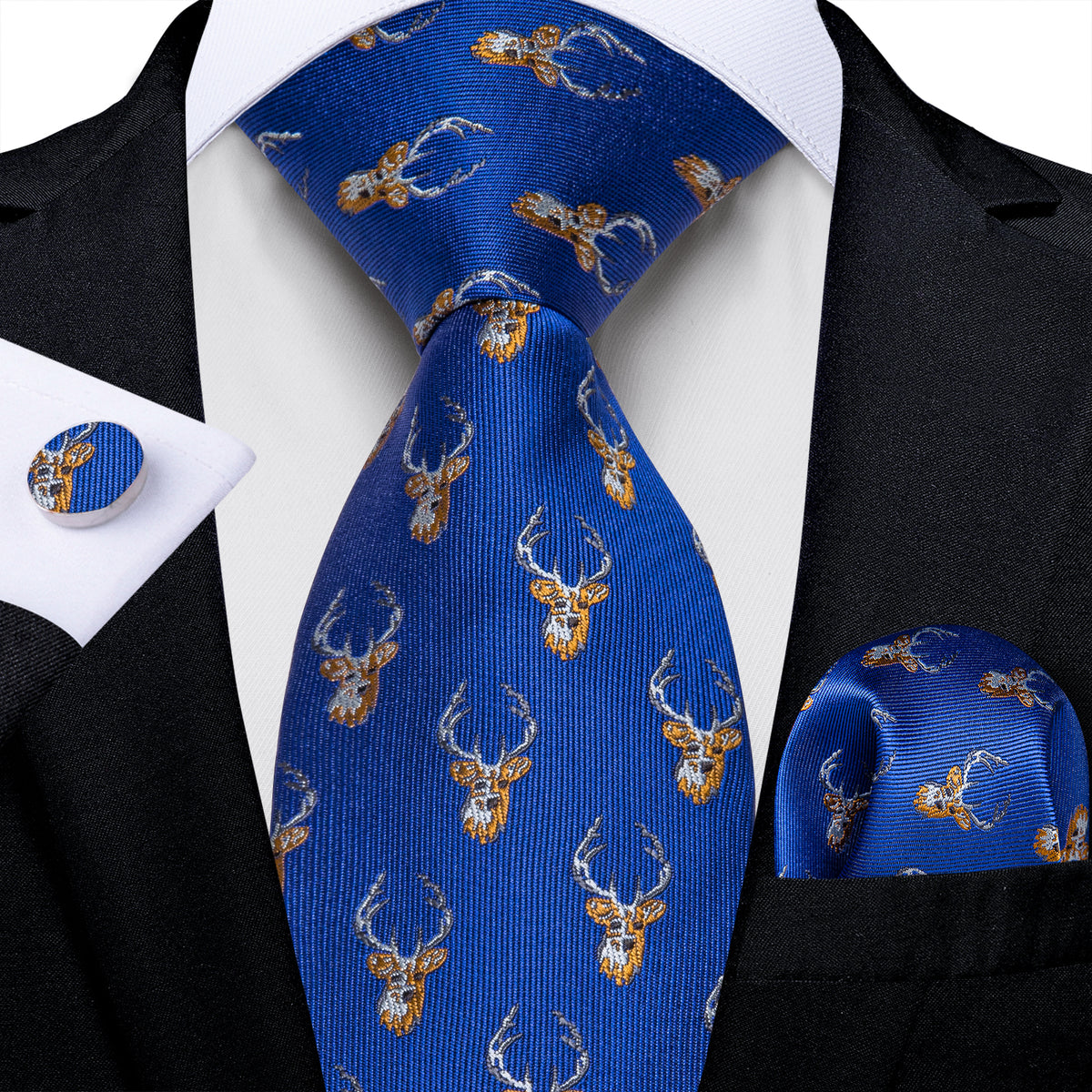 Blue and Brown Deers Tie, Pocket Square, Cufflinks and Tie Clip Silk Tie Set - GentCrest
