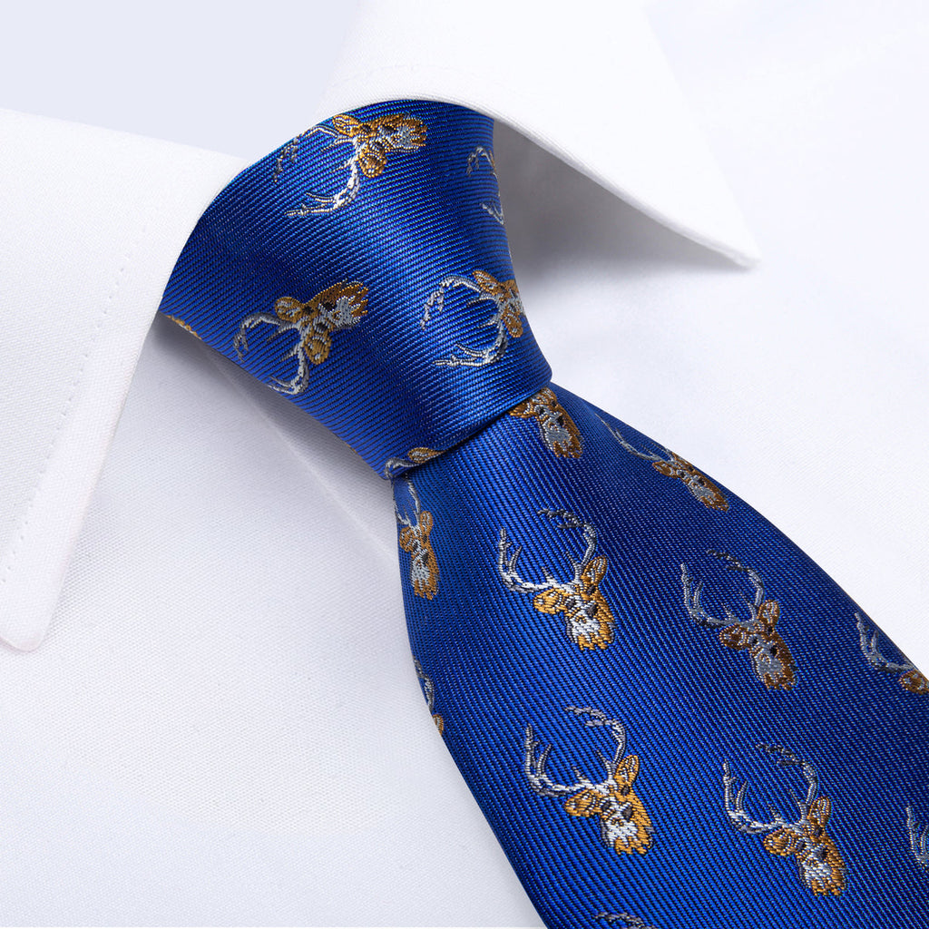 Blue and Brown Deers Tie, Pocket Square, Cufflinks and Tie Clip Silk Tie Set - GentCrest - View 3