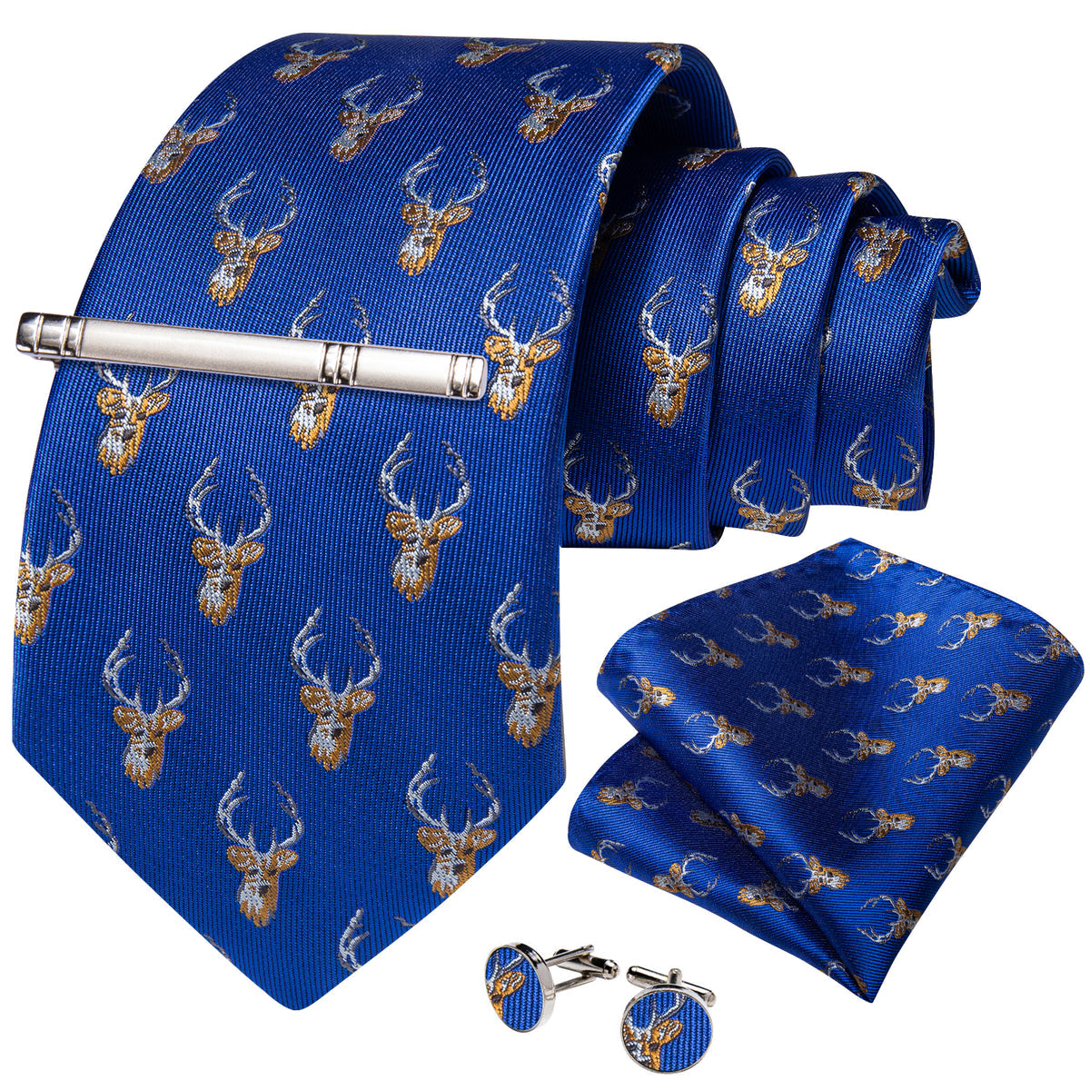 Blue and Brown Deers Tie, Pocket Square, Cufflinks and Tie Clip Silk Tie Set - GentCrest - View 2