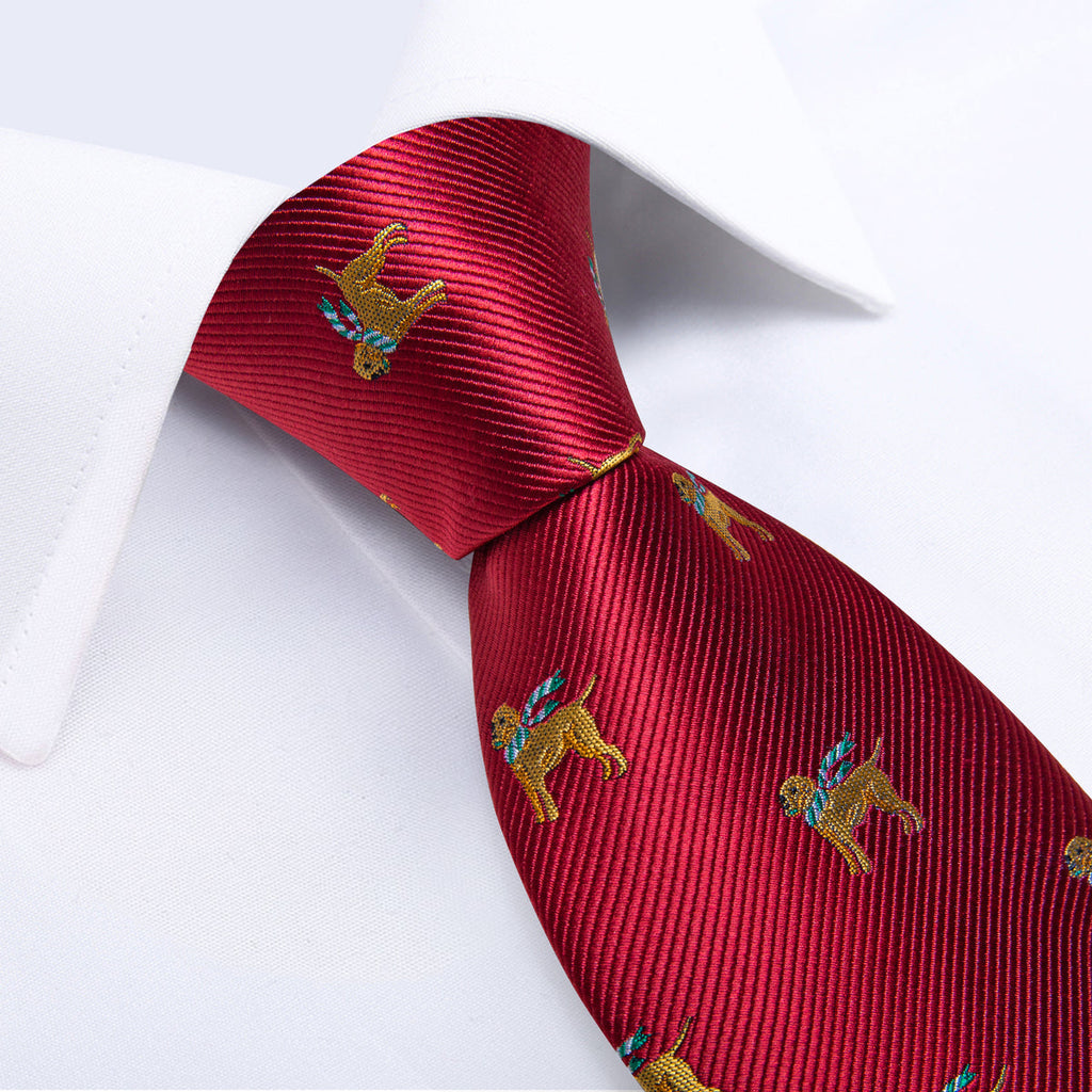 Red and Yellow Dogs Tie, Pocket Square, Cufflinks and Tie Clip Silk Tie Set - GentCrest - View 3