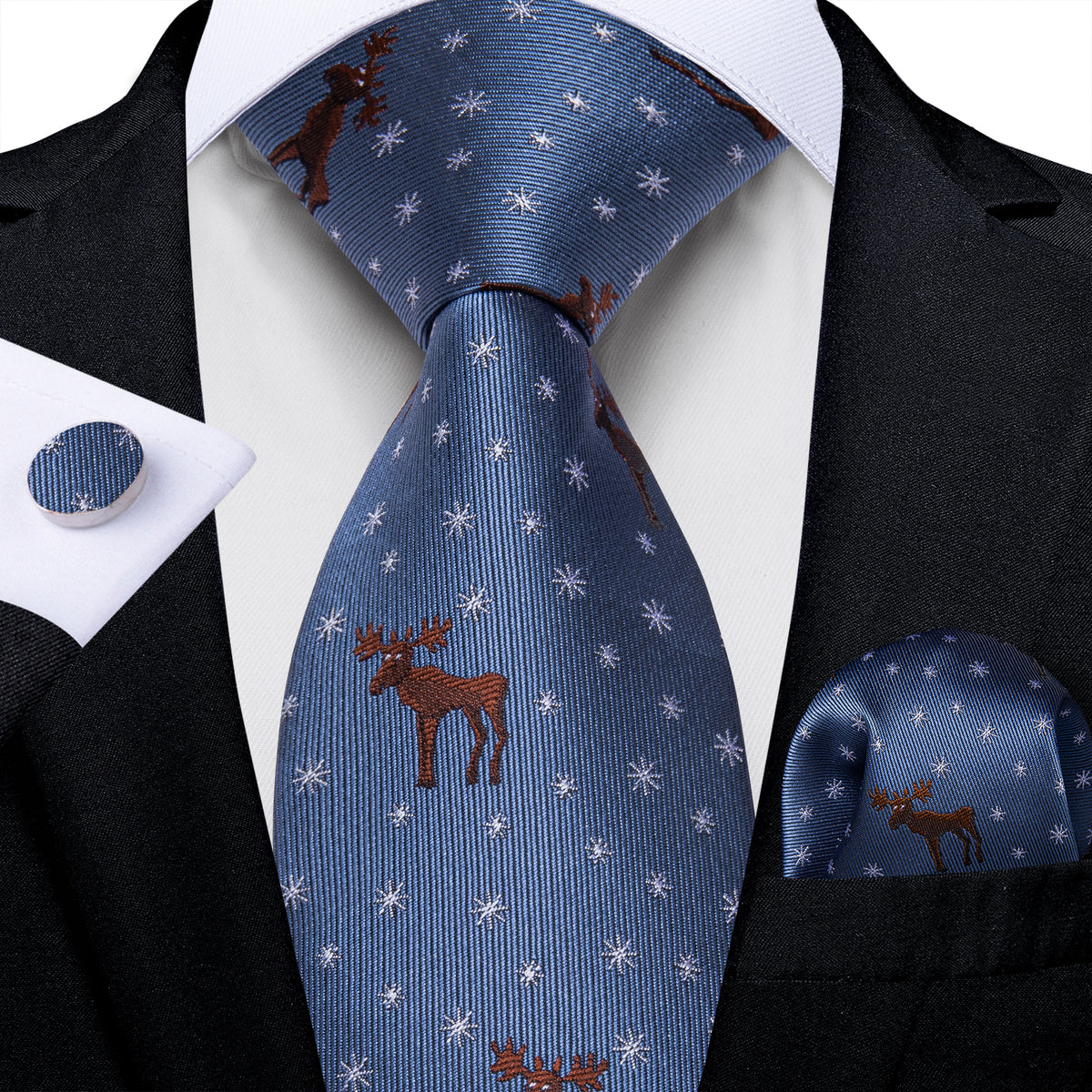 Deers and Snowflakes Tie, Pocket Square, Cufflinks and Tie Clip Silk Tie Set - GentCrest