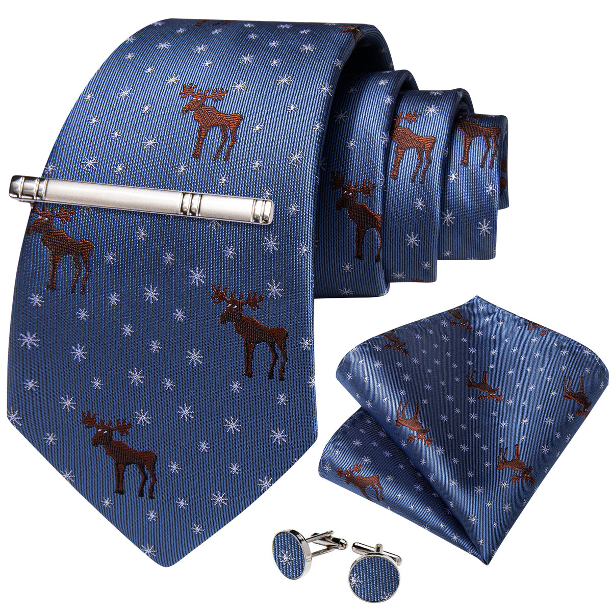 Deers and Snowflakes Tie, Pocket Square, Cufflinks and Tie Clip Silk Tie Set - GentCrest - View 2