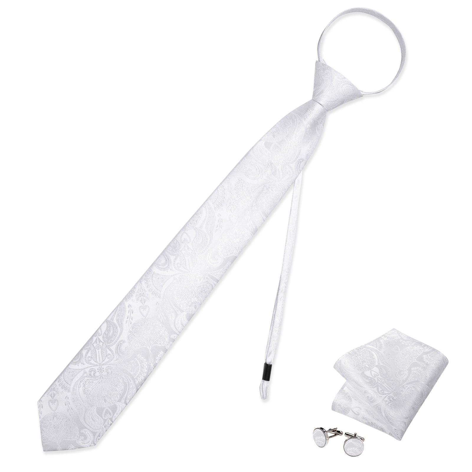 White Paisley Silk Pre-tied Tie Pocket Square Cufflinks Set