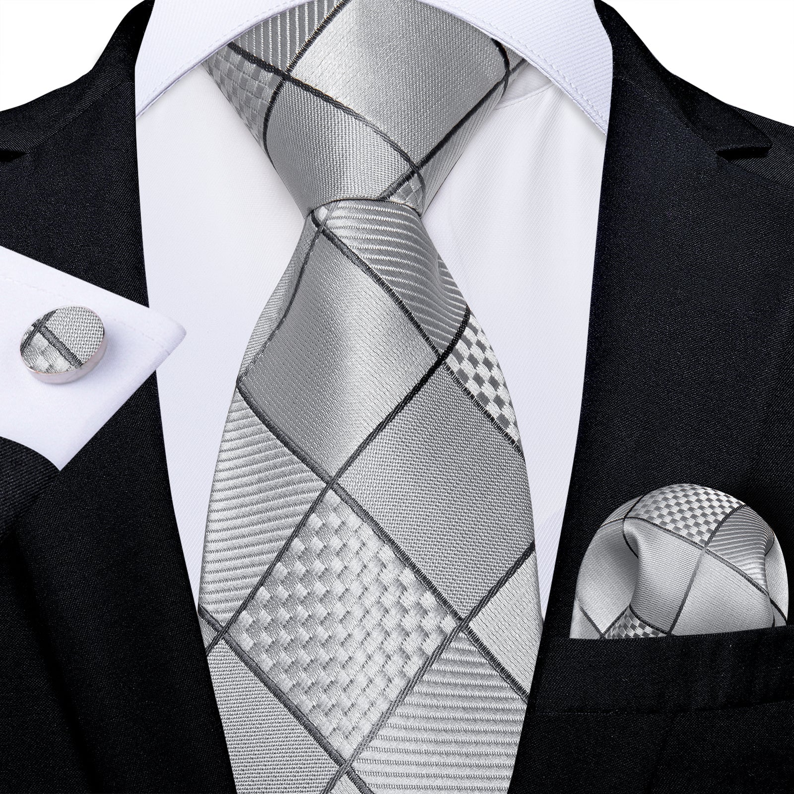 GentCrest Grey Plaid Tie Hanky Cufflinks Set - Image 2
