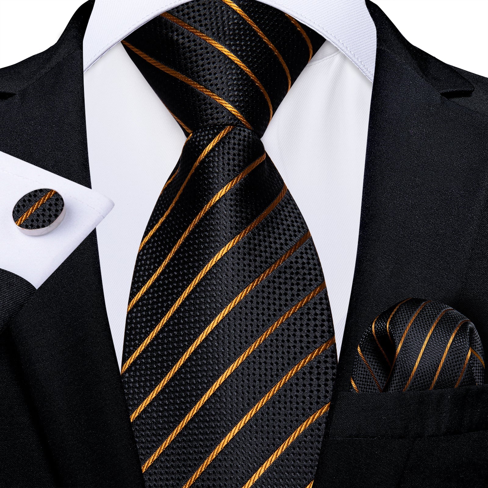 GentCrest Black Striped Tie Hanky Cufflinks Set - Image 2