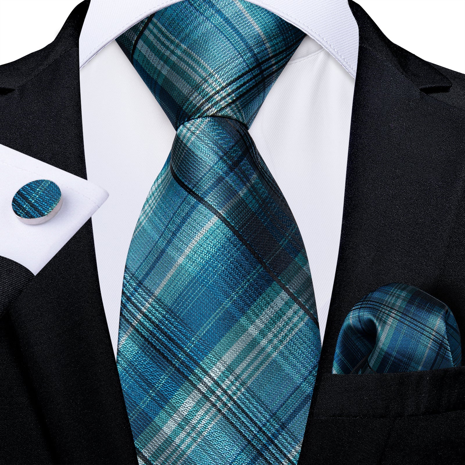 GentCrest Blue Plaid Tie Hanky Cufflinks Set - Image 2