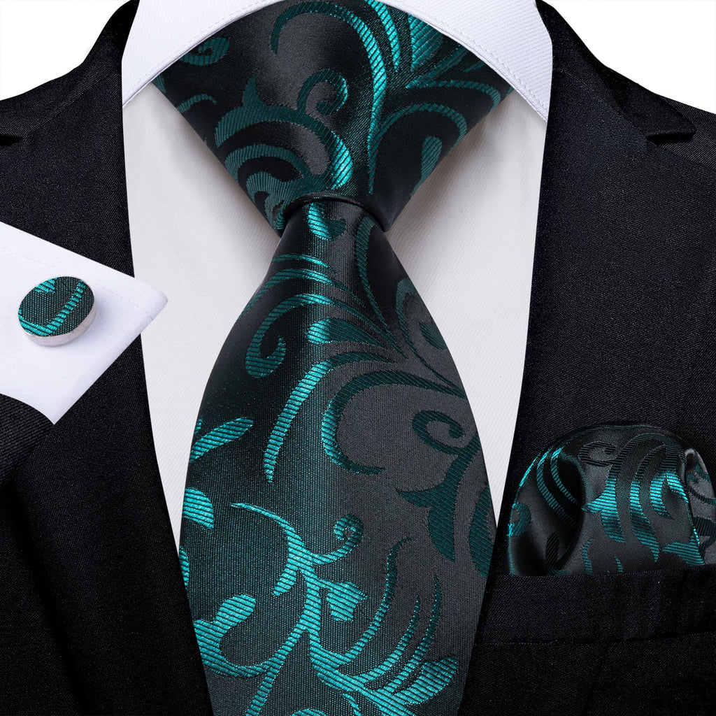 GentCrest Black Floral Tie Hanky Cufflinks Set - Image 1