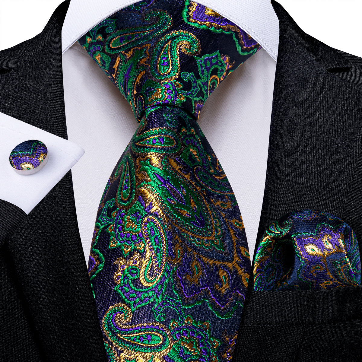 Green and Purple Paisley Silk Tie Set - GentCrest