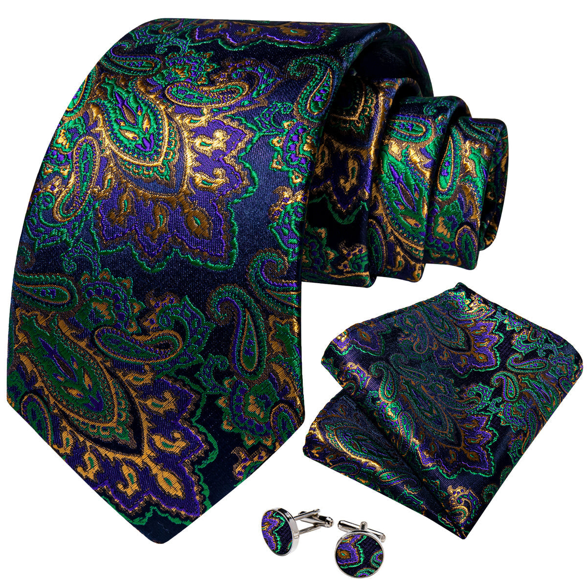 Green and Purple Paisley Silk Tie Set - GentCrest - View 3