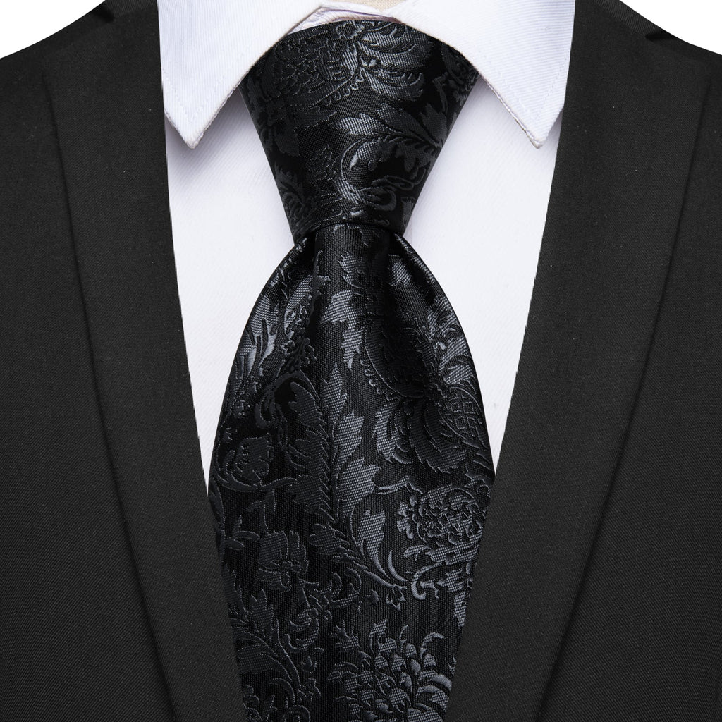 GentCrest Black Floral Tie Hanky Cufflinks Set - Image 1