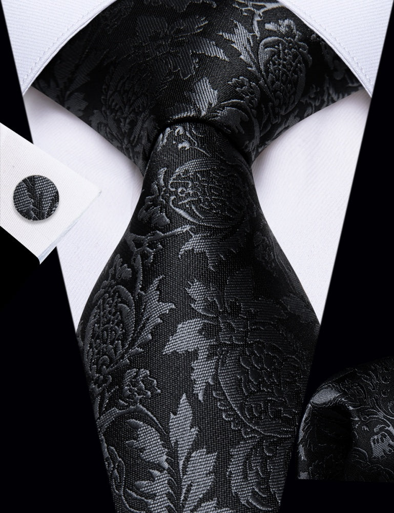 GentCrest Black Floral Tie Hanky Cufflinks Set - Image 2