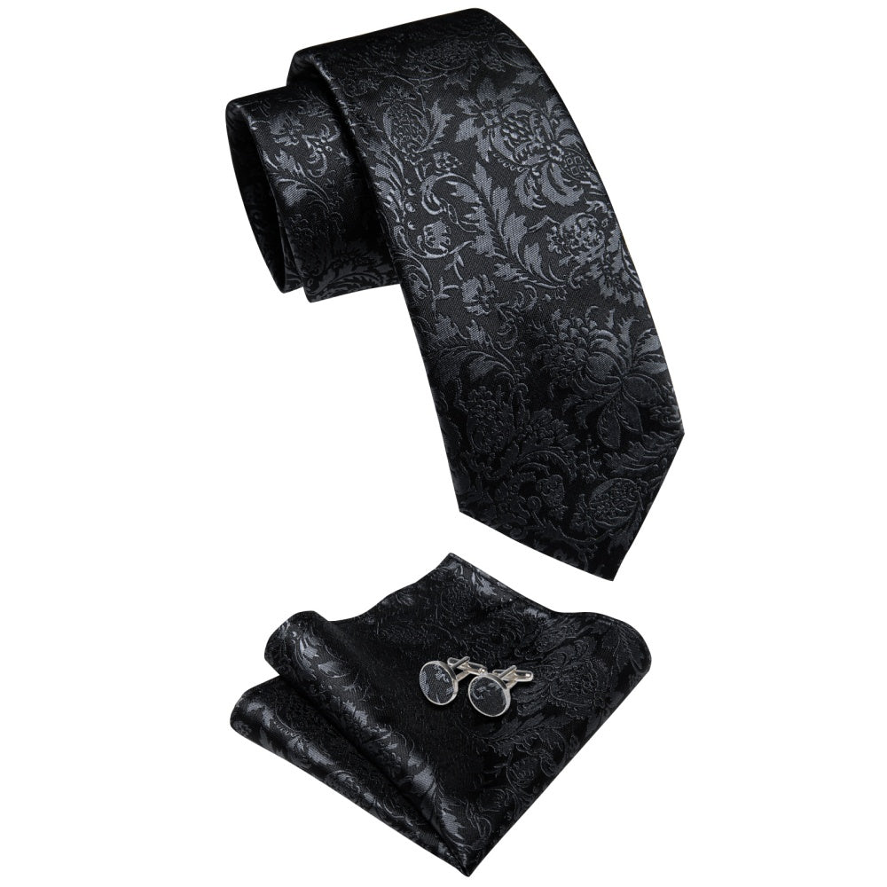 GentCrest Black Floral Tie Hanky Cufflinks Set - Image 4