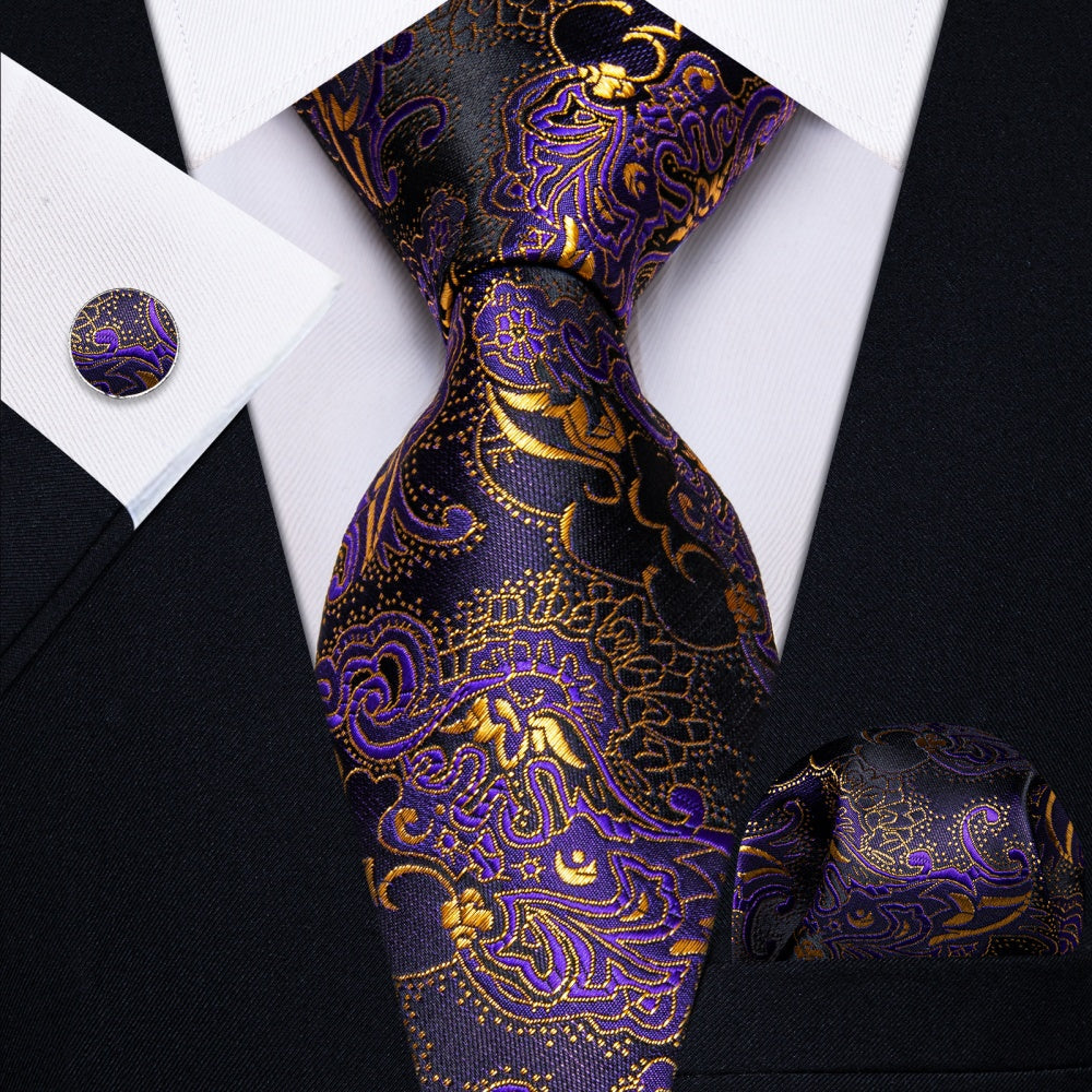 GentCrest Purple Floral Tie Hanky Cufflinks Set - Image 1