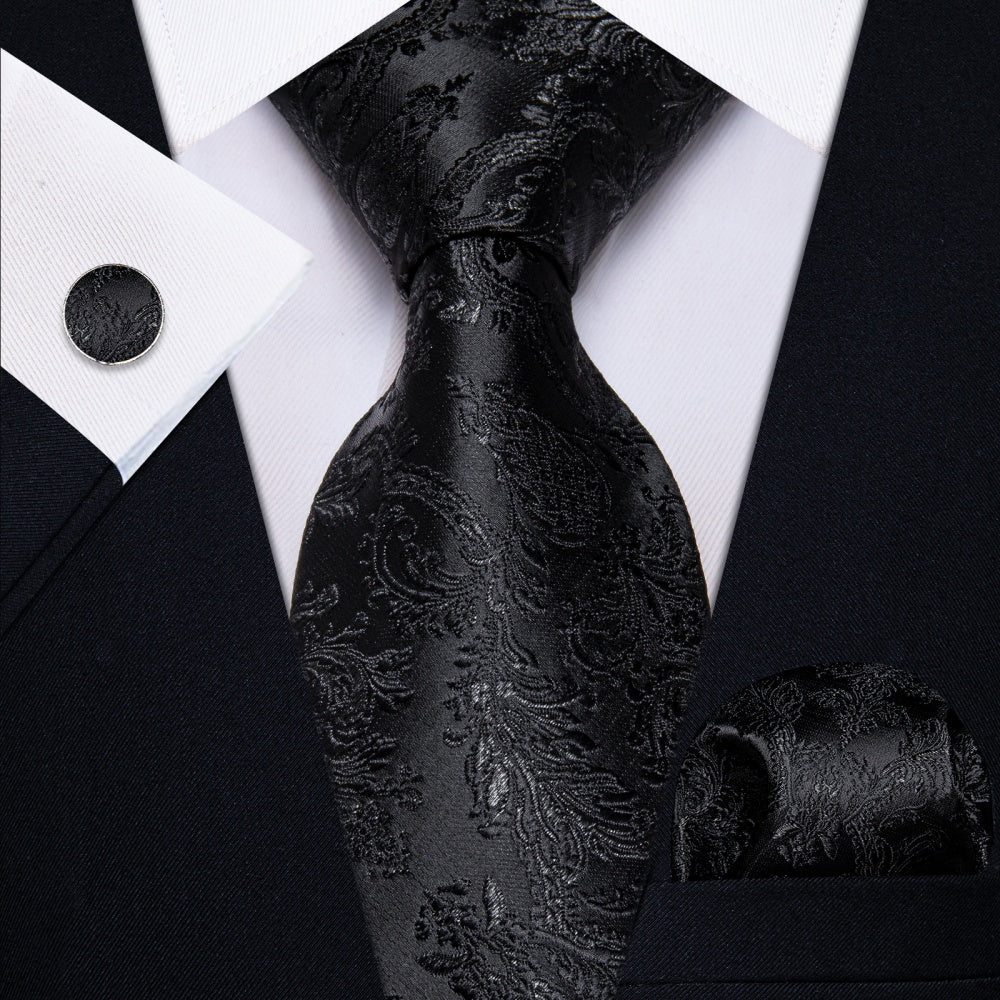 GentCrest Black Floral Tie Hanky Cufflinks Set - Image 1