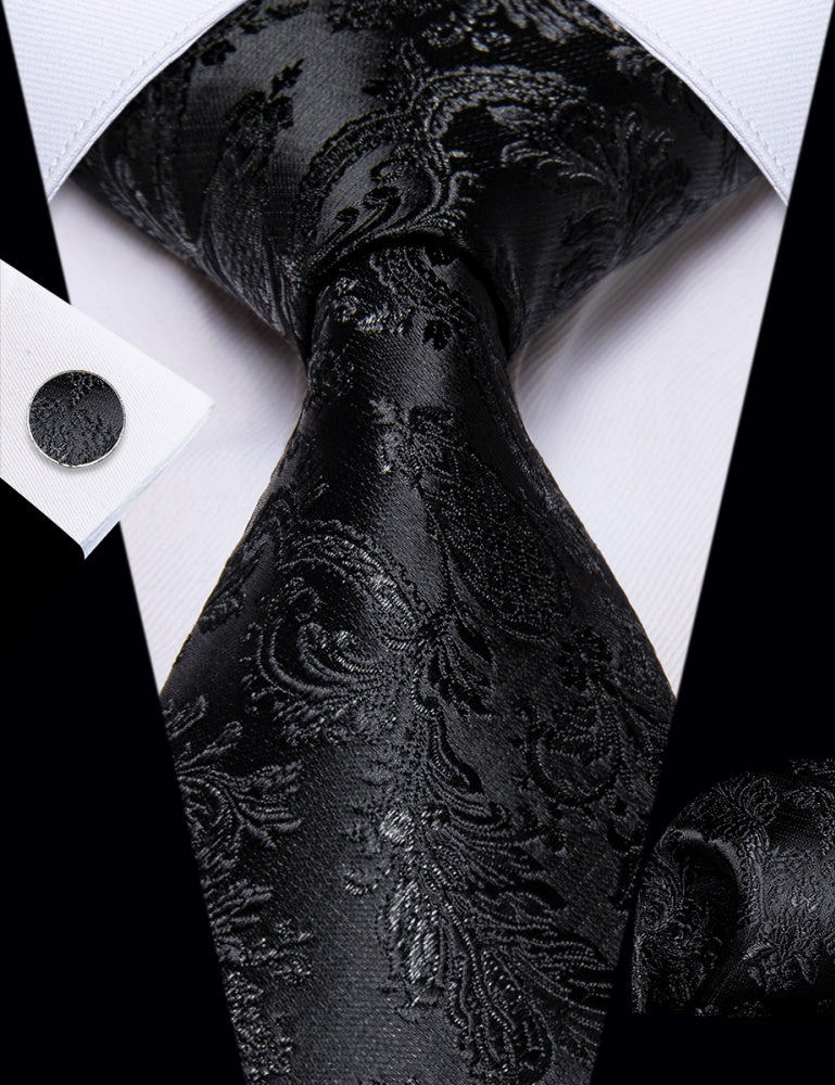 GentCrest Black Floral Tie Hanky Cufflinks Set - Image 3