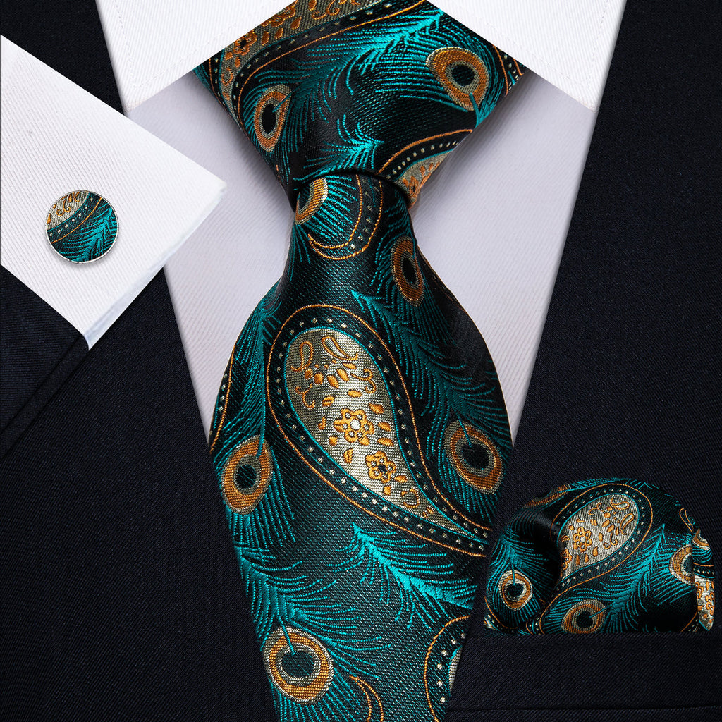 Blue, Green and Yellow Feather Silk Tie Set - GentCrest