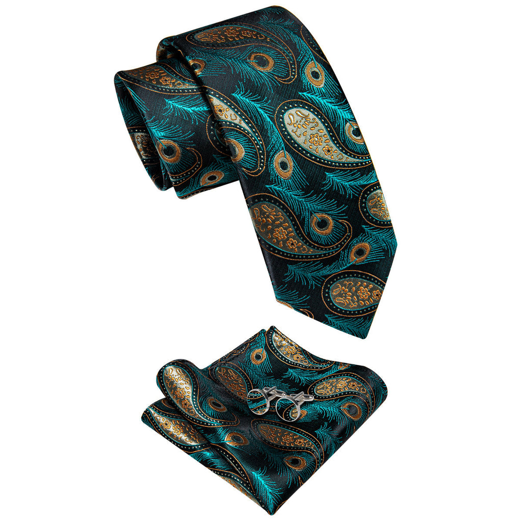 Blue, Green and Yellow Feather Silk Tie Set - GentCrest - View 2
