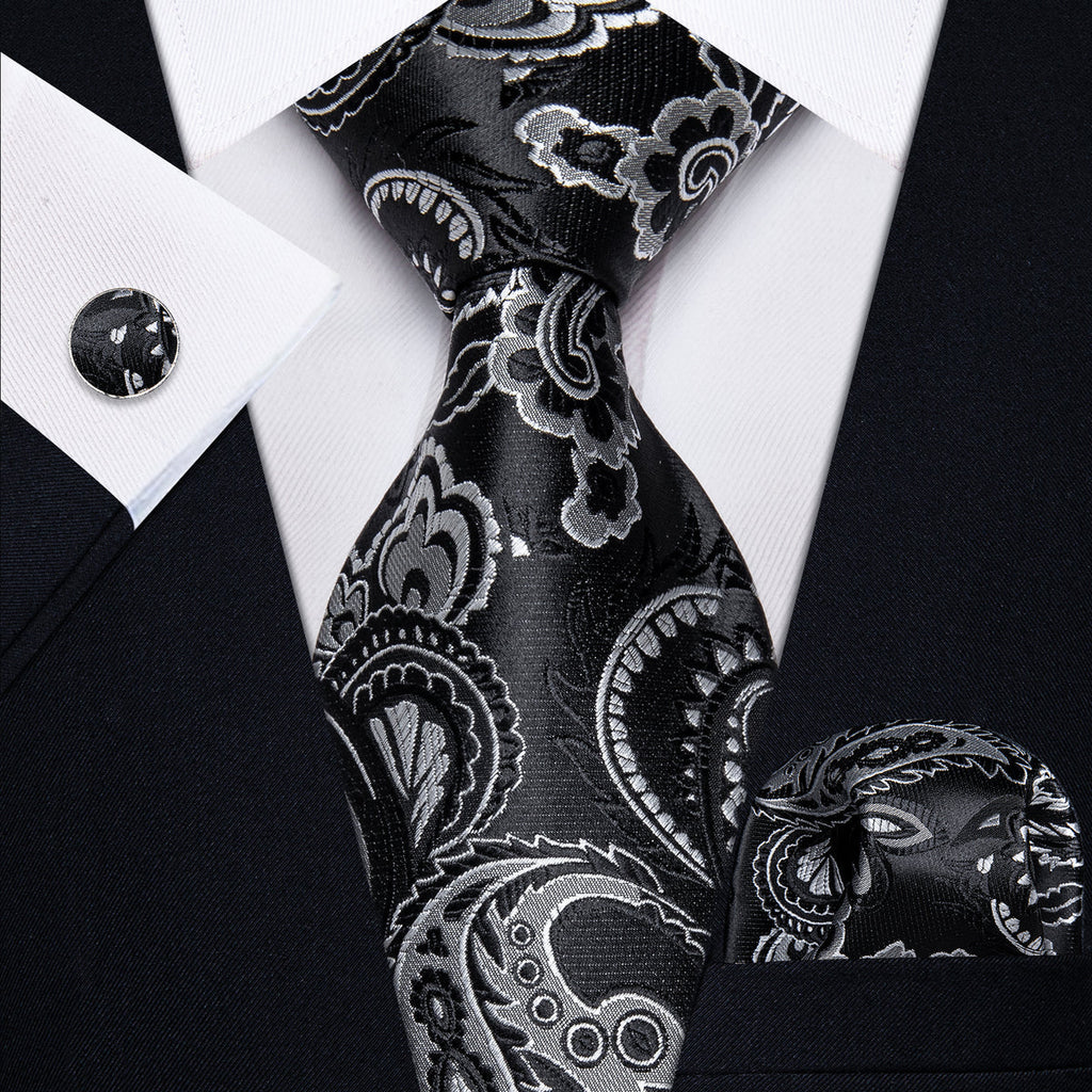 Black and Silver Paisley Silk Tie Set - GentCrest