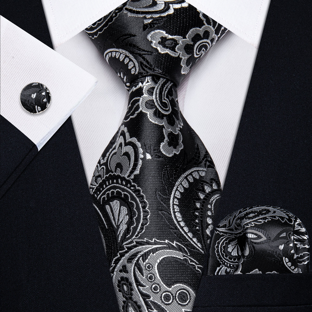 Black and Silver Paisley Silk Tie Set - GentCrest