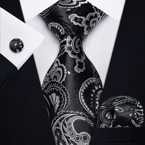 Black and Silver Paisley Silk Tie Set - GentCrest