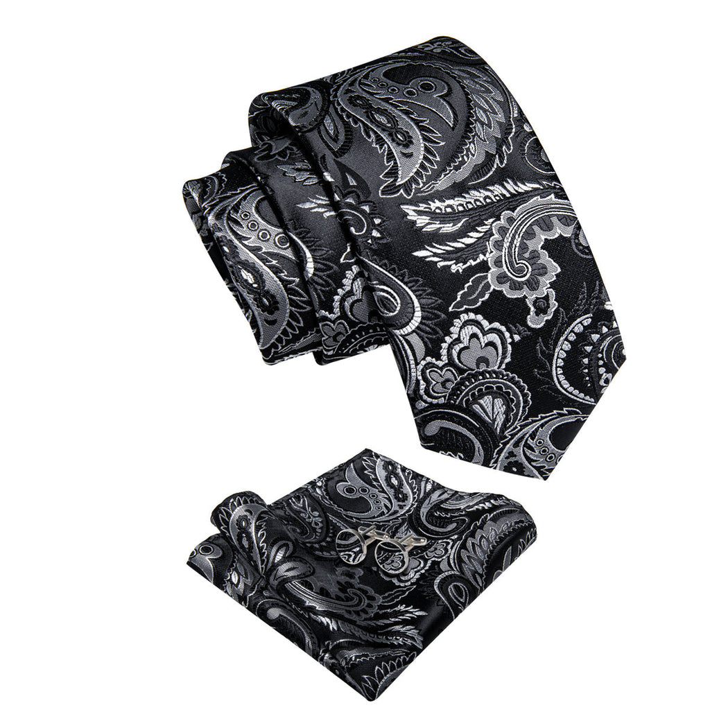 Black and Silver Paisley Silk Tie Set - GentCrest - View 3