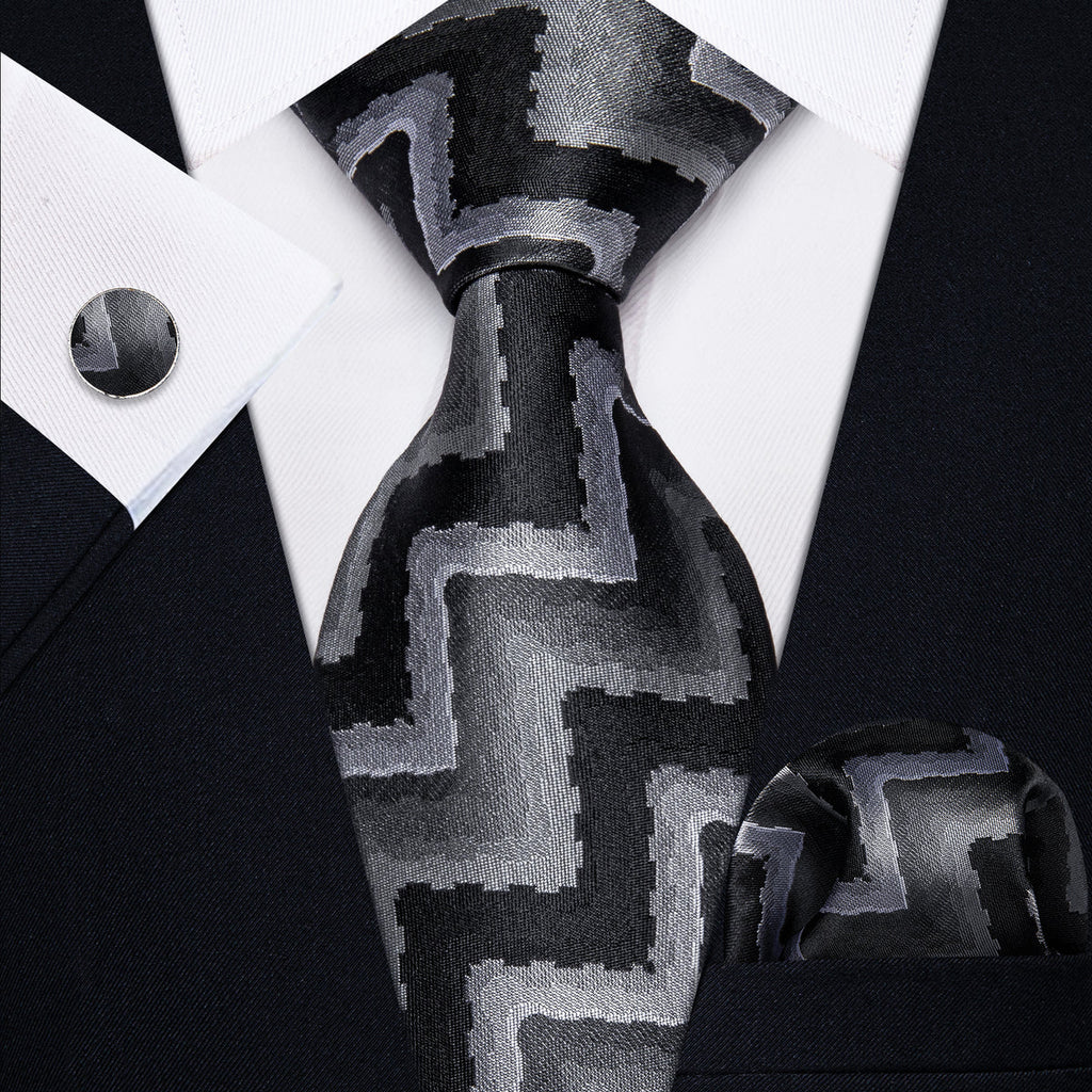 Black and Silver Silk Tie Set - GentCrest