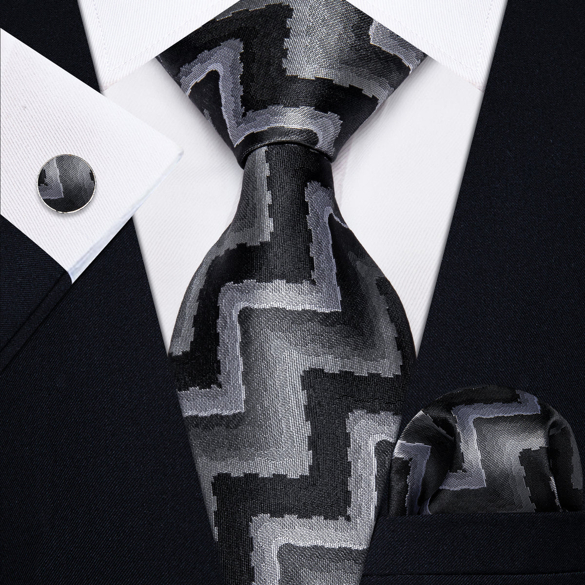 Black and Silver Silk Tie Set - GentCrest