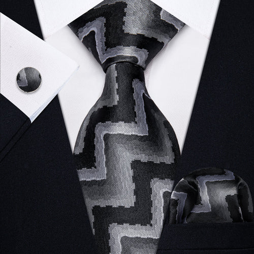 Black and Silver Silk Tie Set - GentCrest