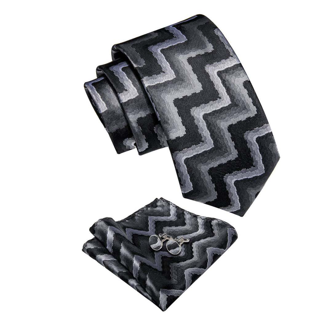 Black and Silver Silk Tie Set - GentCrest - View 2
