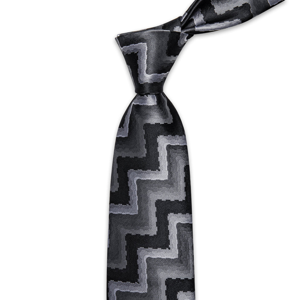 Black and Silver Silk Tie Set - GentCrest - View 4