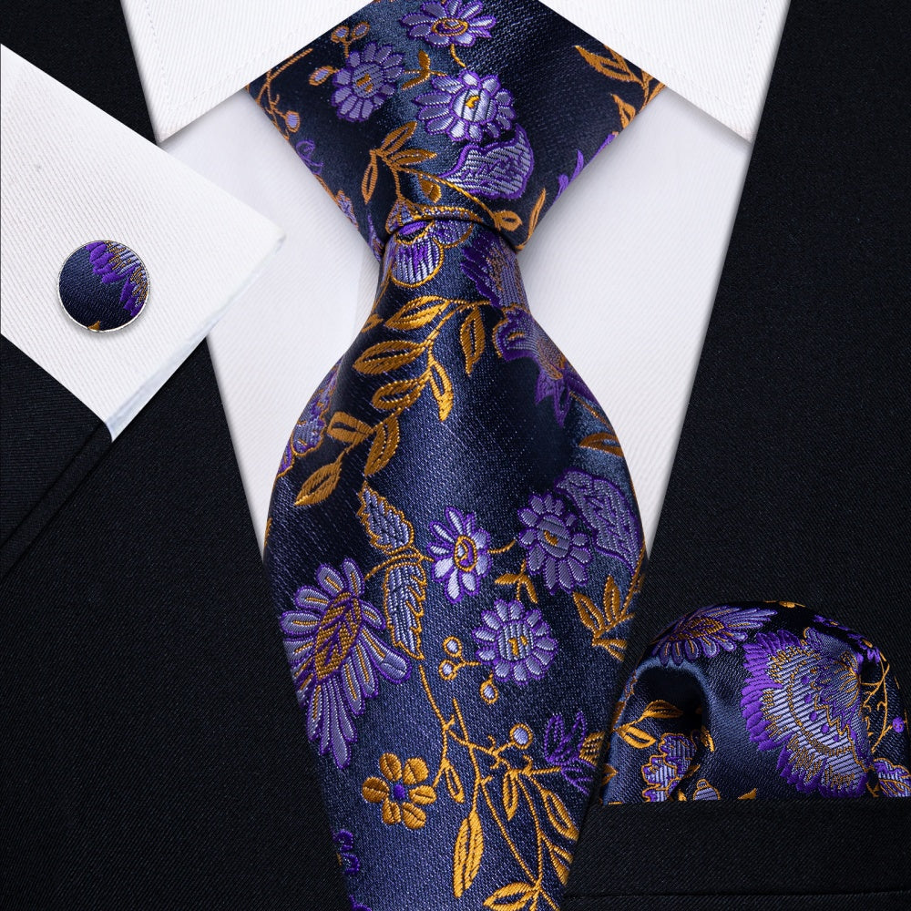 GentCrest Purple Floral Tie Hanky Cufflinks Set - Image 1