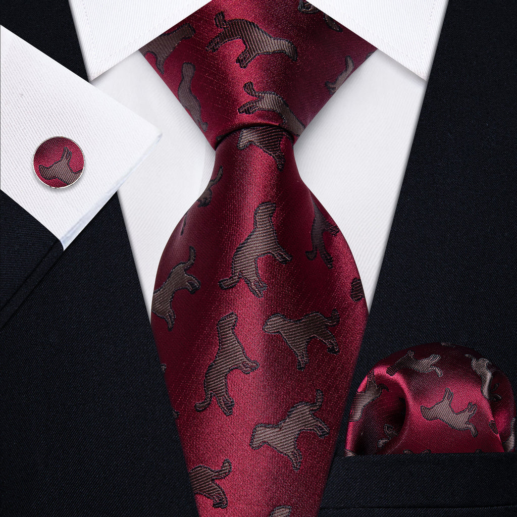 Burgundy Silk Dog Motif Silk Tie Set - GentCrest