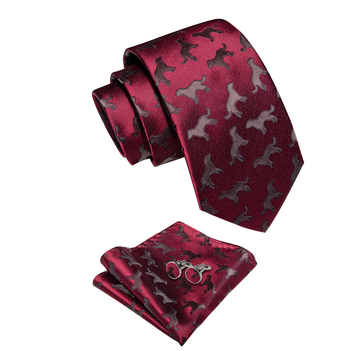 Burgundy Silk Dog Motif Silk Tie Set - GentCrest - View 3