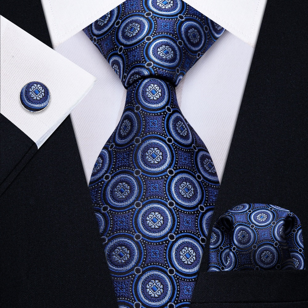 GentCrest Blue Geometric Tie Hanky Cufflinks Set - Image 1