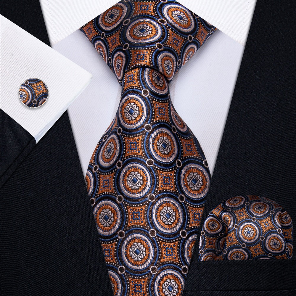 GentCrest Brown Geometric Tie Hanky Cufflinks Set - Image 1