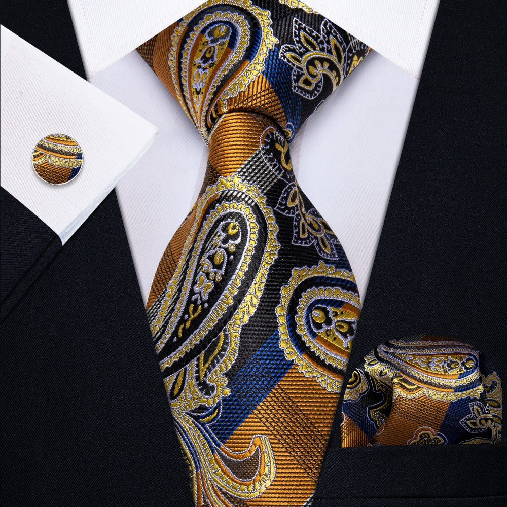 GentCrest Black Paisley Tie Hanky Cufflinks Set - Image 1