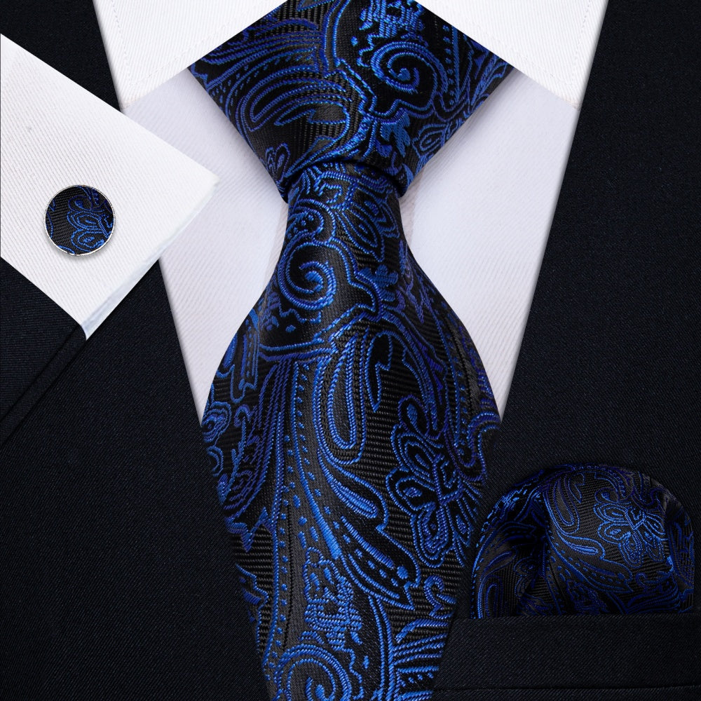 GentCrest Black Paisley Tie Hanky Cufflinks Set - Image 1