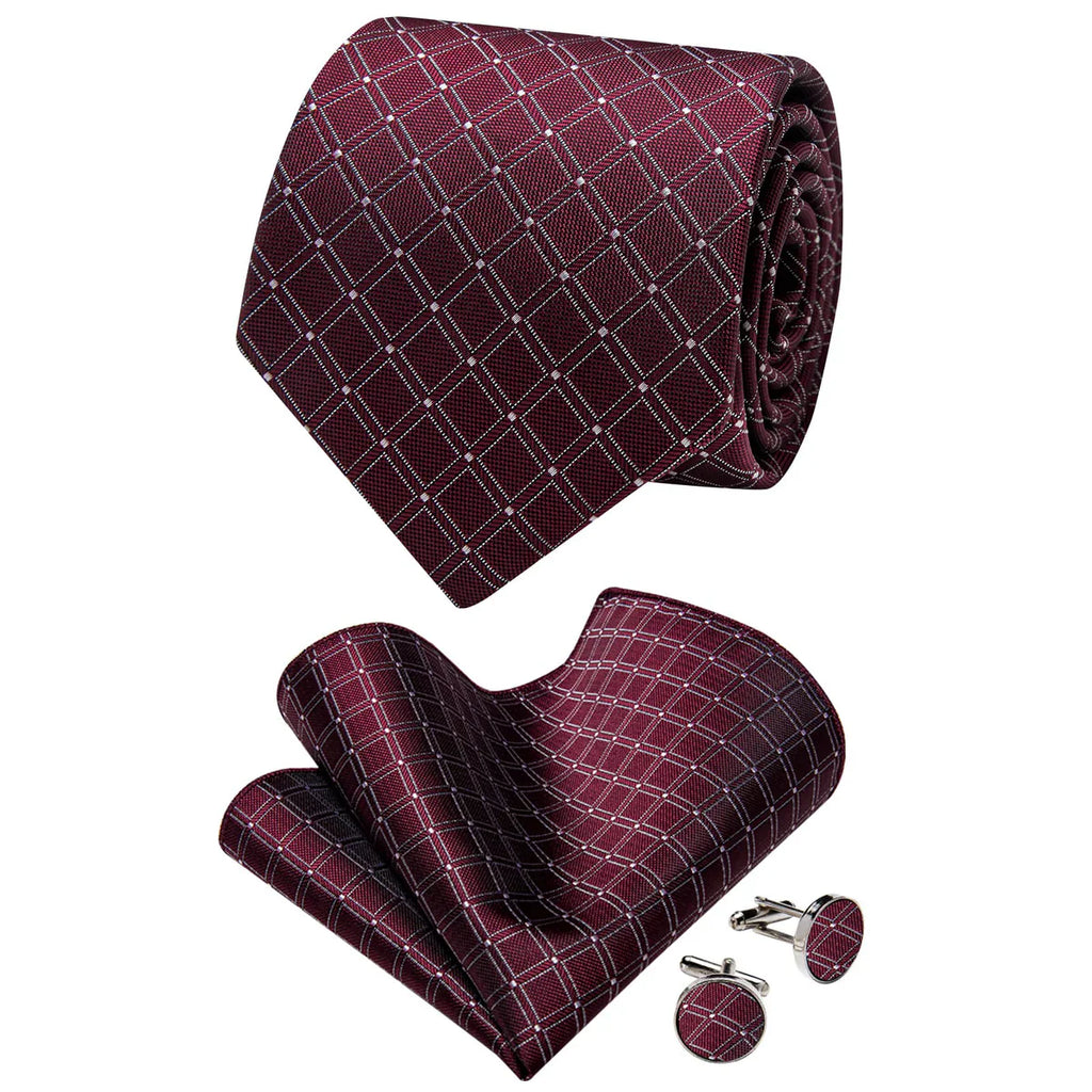 Burgundy & Silver Checkered Silk Tie - Classic Grid Pattern Necktie Silk Tie Set - GentCrest - View 2