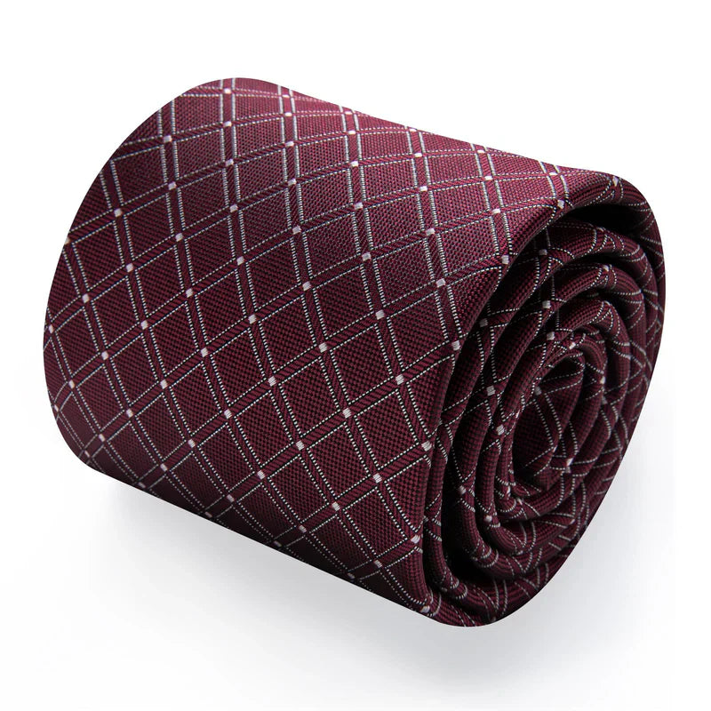 Burgundy & Silver Checkered Silk Tie - Classic Grid Pattern Necktie Silk Tie Set - GentCrest - View 8