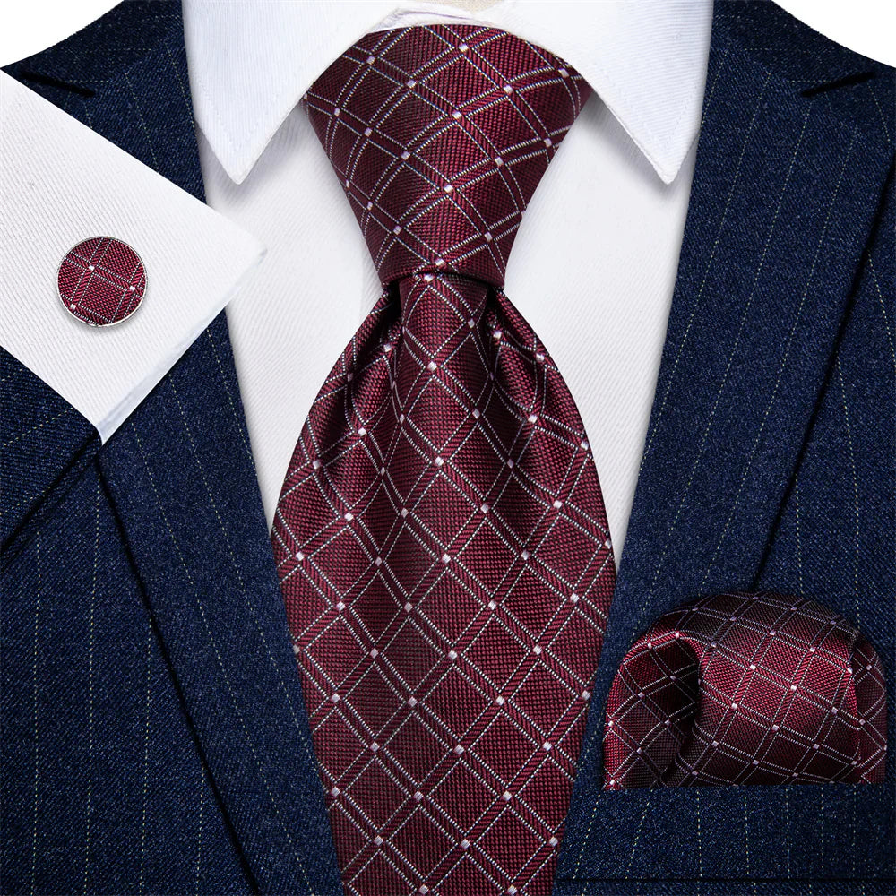 Burgundy & Silver Checkered Silk Tie - Classic Grid Pattern Necktie Silk Tie Set - GentCrest
