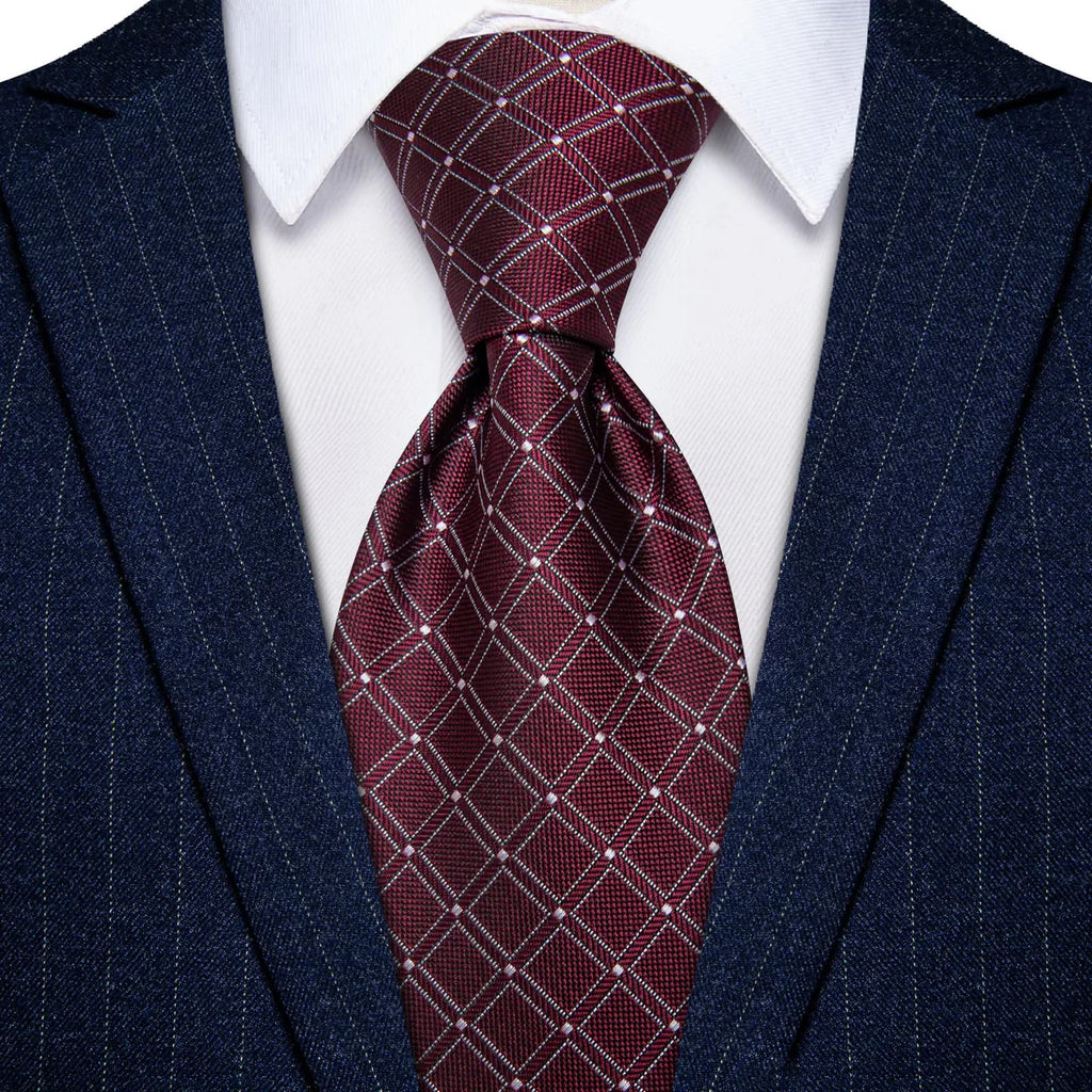 Burgundy & Silver Checkered Silk Tie - Classic Grid Pattern Necktie Silk Tie Set - GentCrest - View 5
