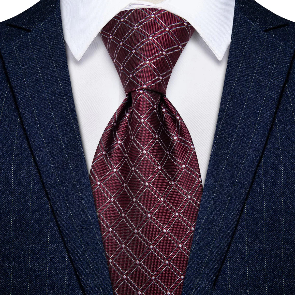 Burgundy & Silver Checkered Silk Tie - Classic Grid Pattern Necktie Silk Tie Set - GentCrest - View 5