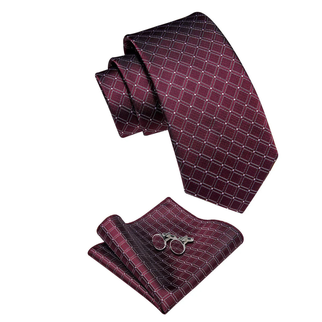 Burgundy & Silver Checkered Silk Tie - Classic Grid Pattern Necktie Silk Tie Set - GentCrest - View 6