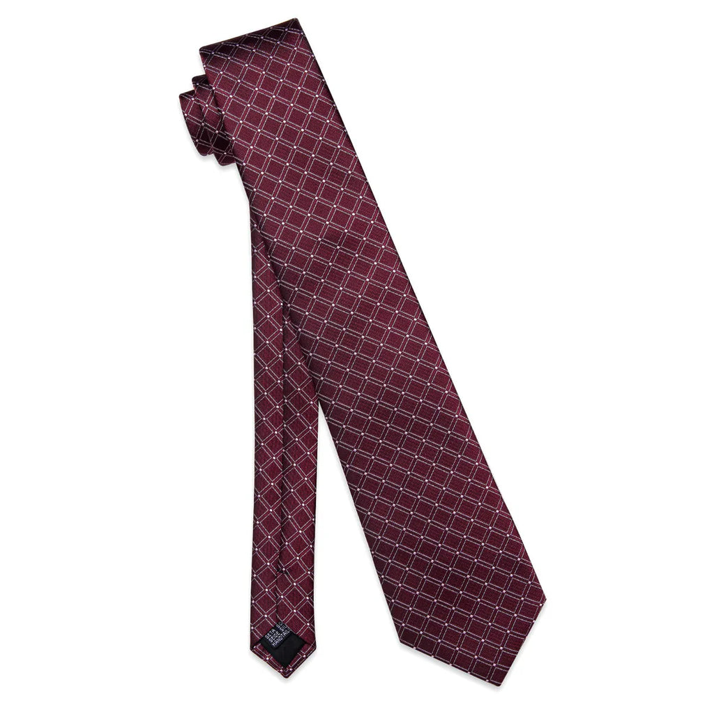 Burgundy & Silver Checkered Silk Tie - Classic Grid Pattern Necktie Silk Tie Set - GentCrest - View 7