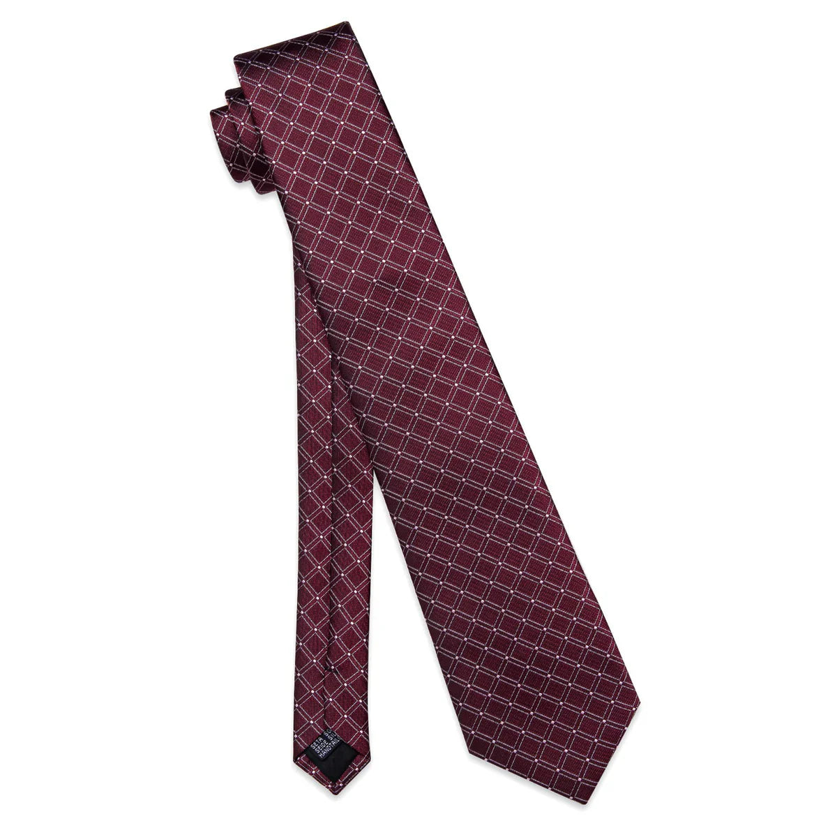 Burgundy & Silver Checkered Silk Tie - Classic Grid Pattern Necktie Silk Tie Set - GentCrest - View 7