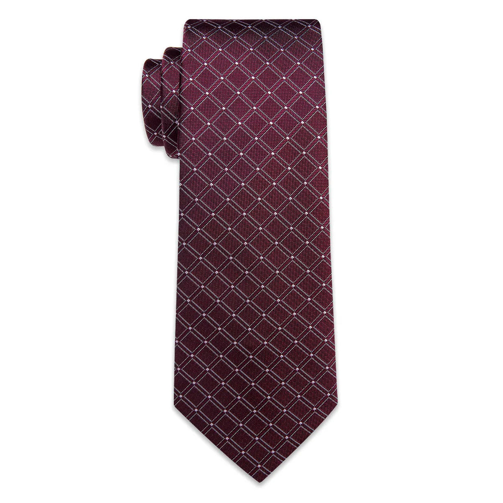 Burgundy & Silver Checkered Silk Tie - Classic Grid Pattern Necktie Silk Tie Set - GentCrest - View 3